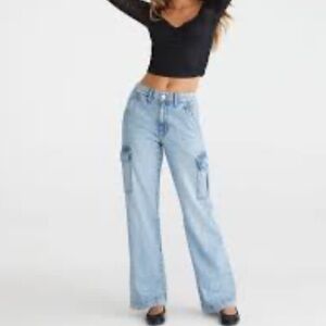 Aeropostale Blue Super Highrise Baggy Cargo Jeans Size 14 Cotton